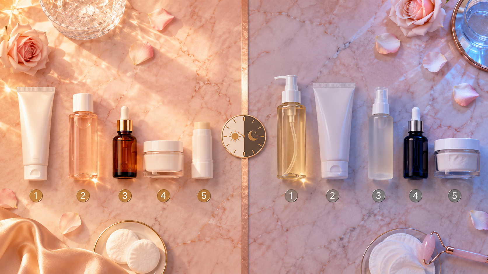 Deri baxim rutini seher axsam — temizleyici tonik serum nemlendirici SPF kollagen anti aging